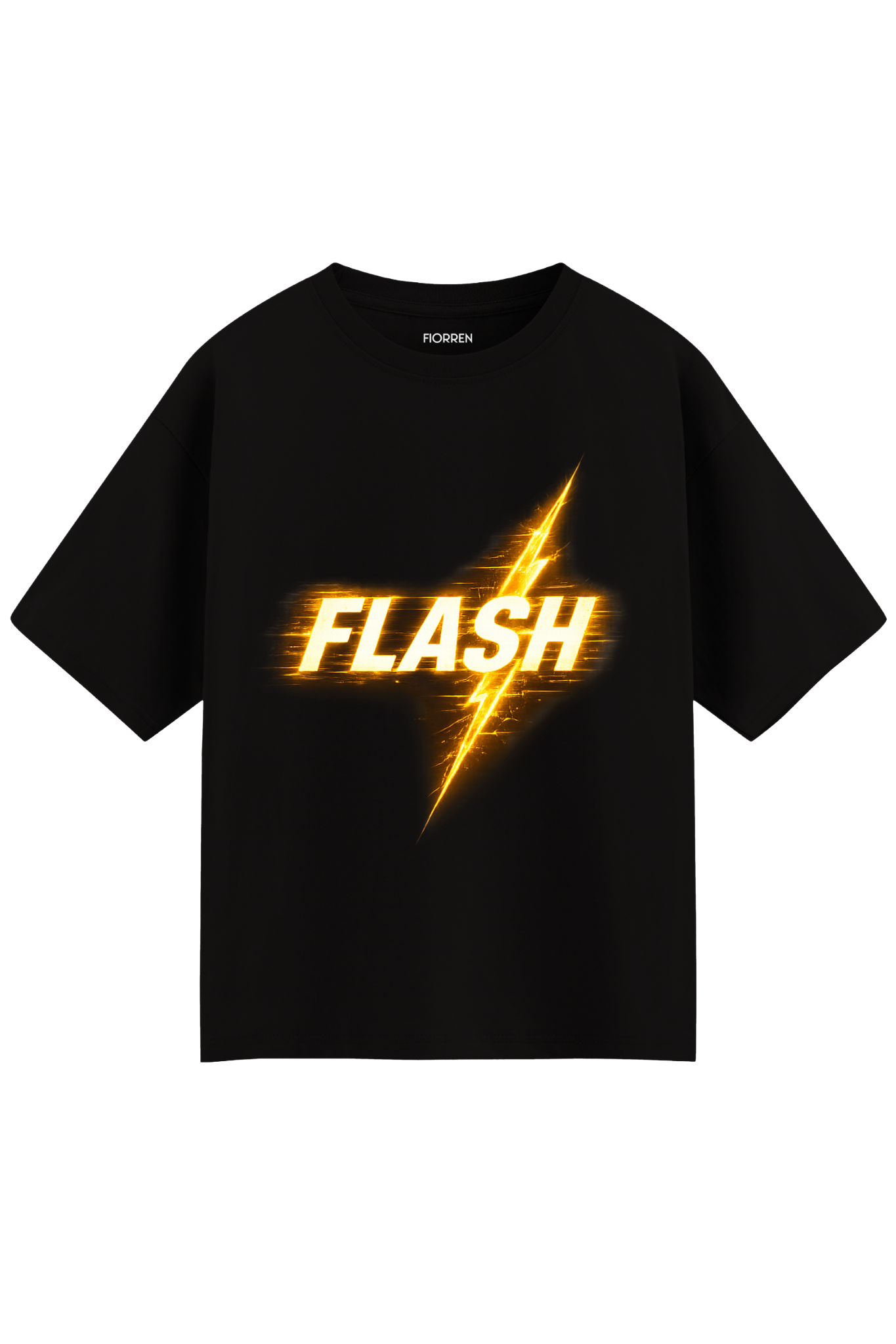 A black short-sleeve t-shirt featuring a large yellow and orange 'FLASH' graphic with a lightning bolt on the front, displayed against a solid white background.