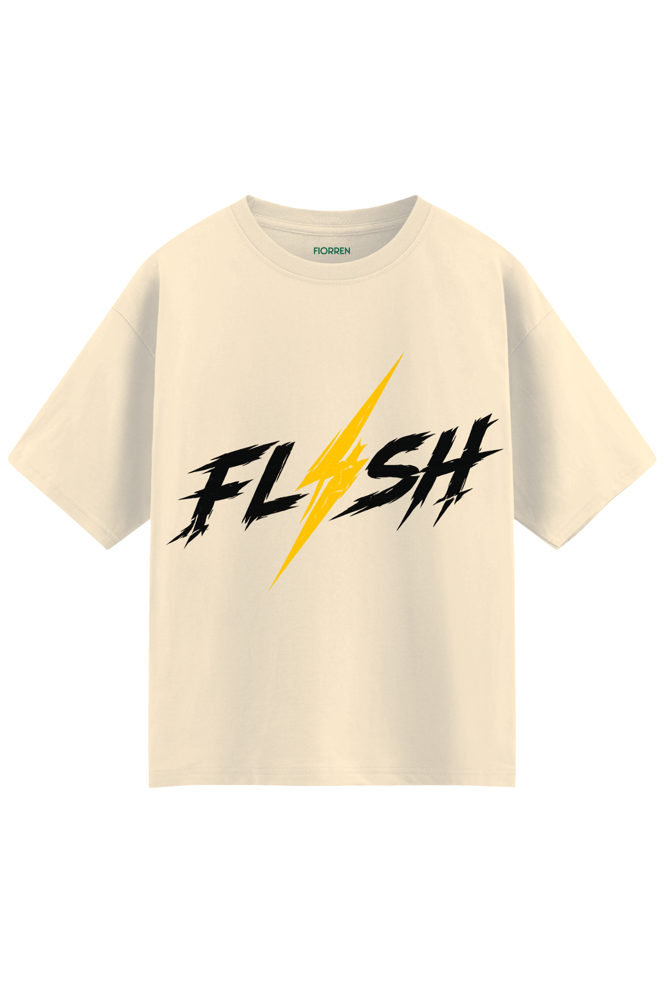 An oversized cream-colored t-shirt featuring a bold graphic print of the word 'FLASH' in black brush lettering with a yellow lightning bolt running through the center, set against a plain white background.
