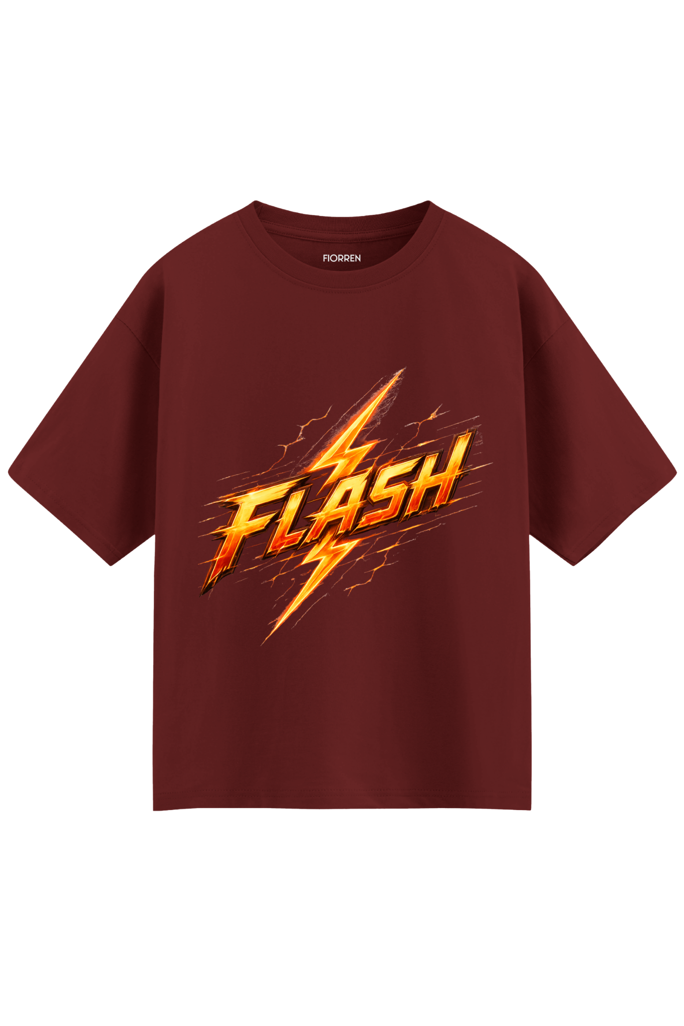 A maroon short-sleeve t-shirt featuring a large graphic of the Flash logo in orange and yellow with lightning bolts on the front, set against a plain white background.