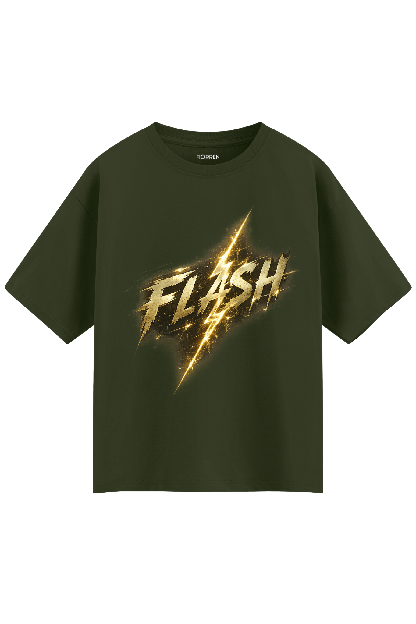 An oversized dark olive green t-shirt featuring a large metallic gold 'FLASH' graphic with a lightning bolt design on the front, displayed against a solid white background.