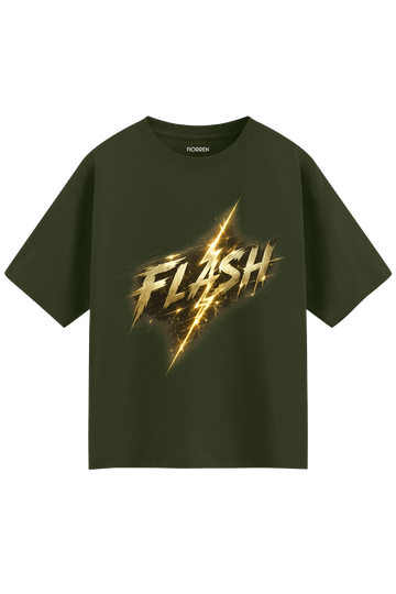 An oversized dark olive green t-shirt featuring a large metallic gold 'FLASH' graphic with a lightning bolt design on the front, displayed against a solid white background.