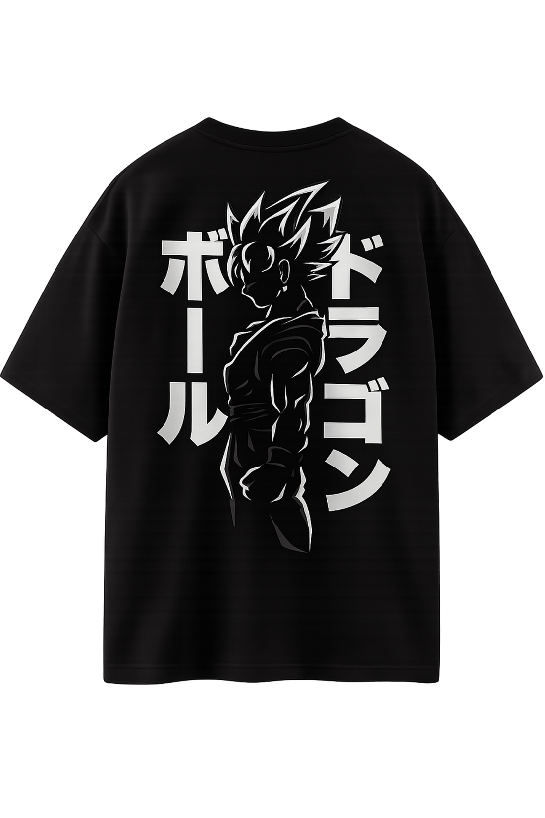 A black short-sleeve t-shirt featuring a large white graphic print of the Dragon Ball character Goku with Japanese text on the back, shown against a plain white background.