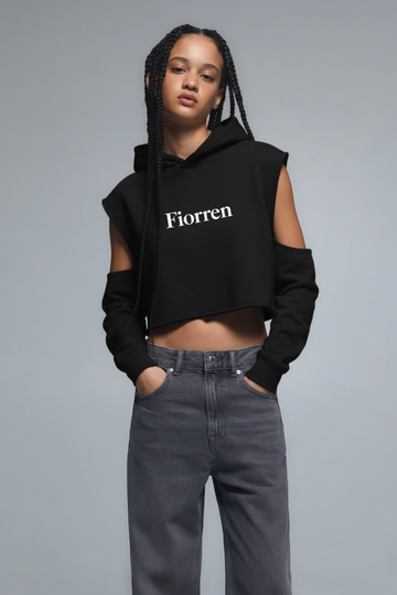 Female model wearing black Fiorren hoodie