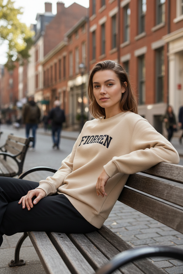 Model on bench wearing Fiorren sweatshirt