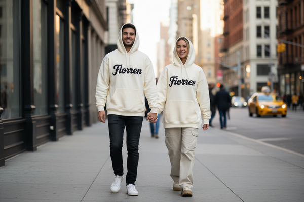 Realistic couple in Fiorren hoodies
