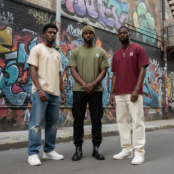 Three models wearing beige, olive, and maroon Fiorren t-shirts