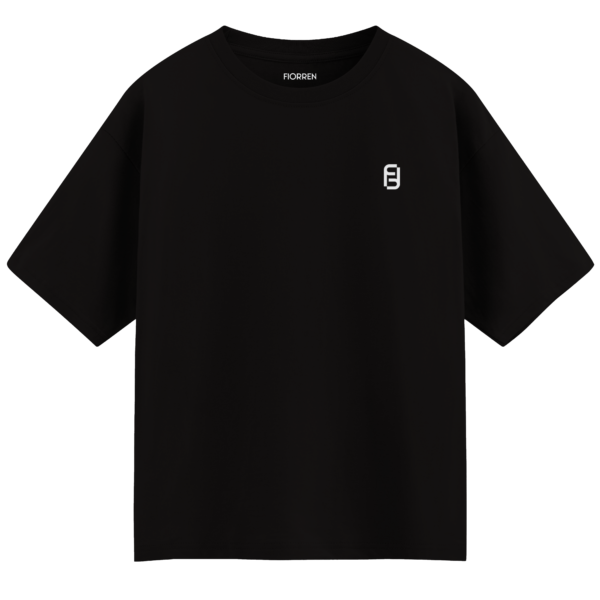 Black t-shirt with a small white logo on a white background