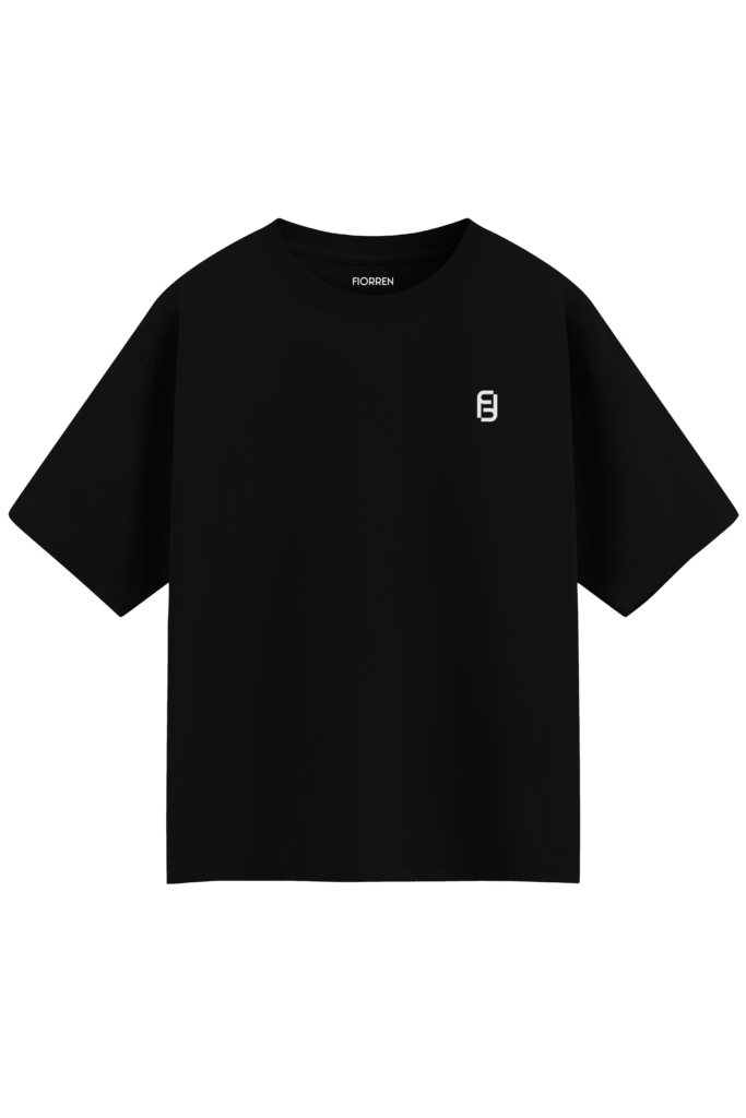 Black t-shirt with a small white logo on a white background