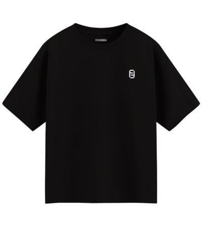 Black t-shirt with a small white logo on a white background