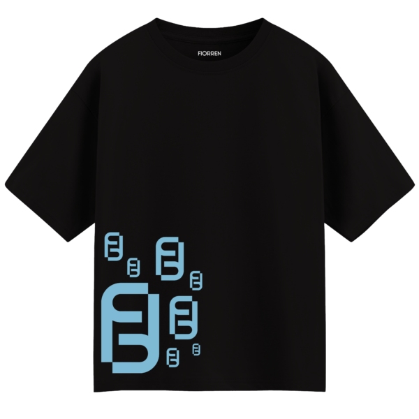 Black t-shirt with blue geometric patterns on a white background