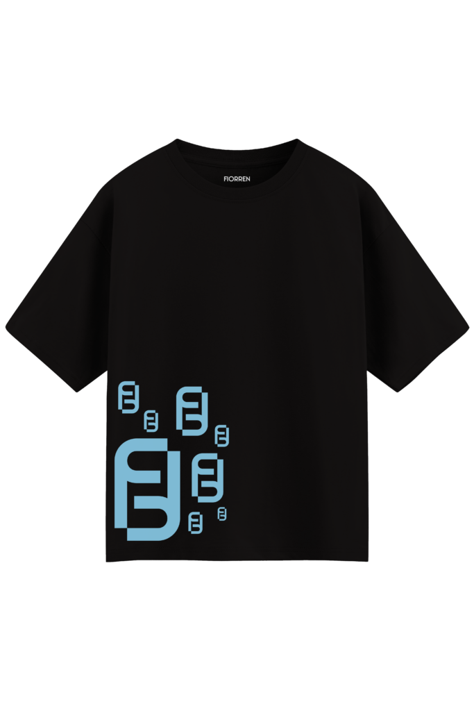 Black t-shirt with blue geometric patterns on a white background