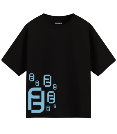 Black t-shirt with blue geometric patterns on a white background