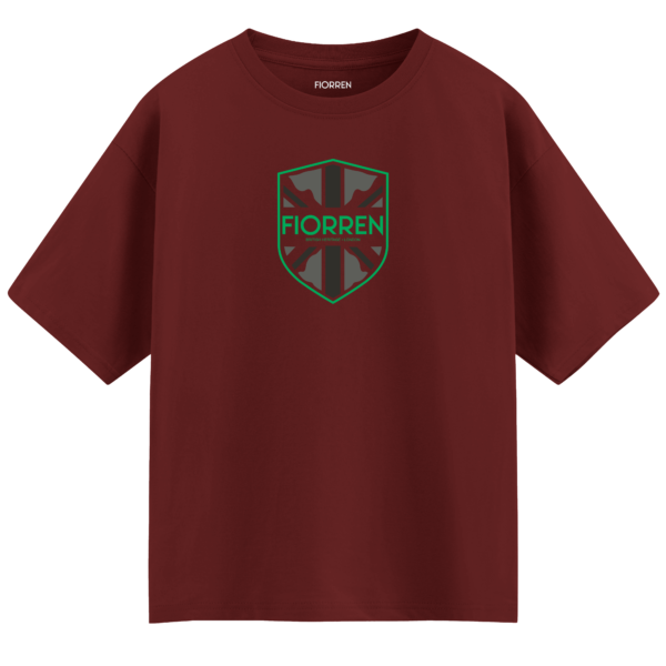 Maroon t-shirt with green logo and text on a white background