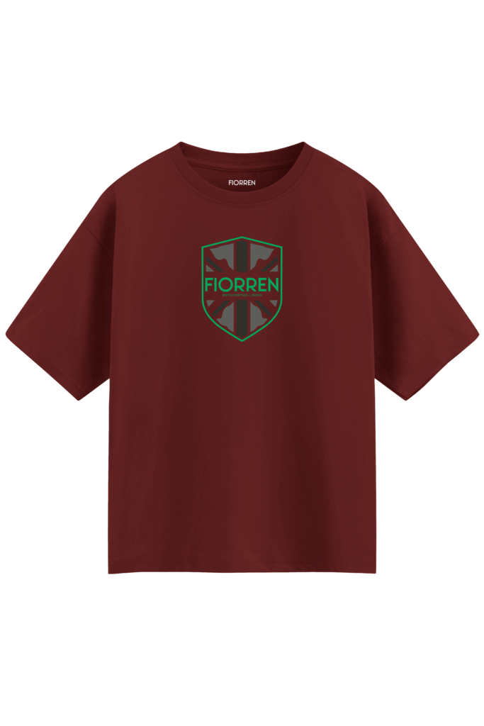 Maroon t-shirt with green logo and text on a white background