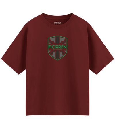 Maroon t-shirt with green logo and text on a white background